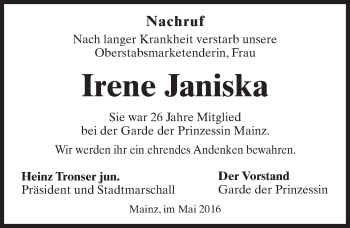 Traueranzeige von Irene Janiska von  Allgemeine Zeitung Mainz