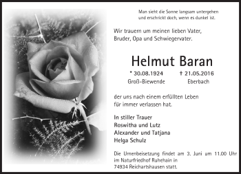 Traueranzeige von Helmut Baran von Trauerportal Echo Online