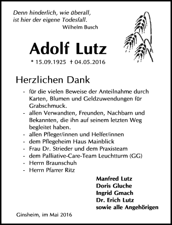 Traueranzeige von Lutz Adolf von  Allgemeine Zeitung Mainz