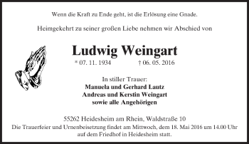 Traueranzeige von Ludwig Weingart von  Allgemeine Zeitung Mainz