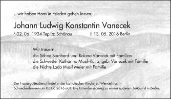 Traueranzeige von Johann Ludwig Konstantin Vanecek von  Wiesbaden komplett