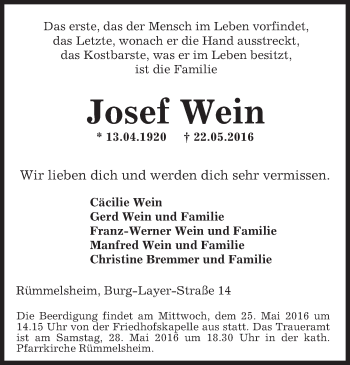 Traueranzeige von Josef Wein von  Allgemeine  Zeitung Ingelheim-Bingen