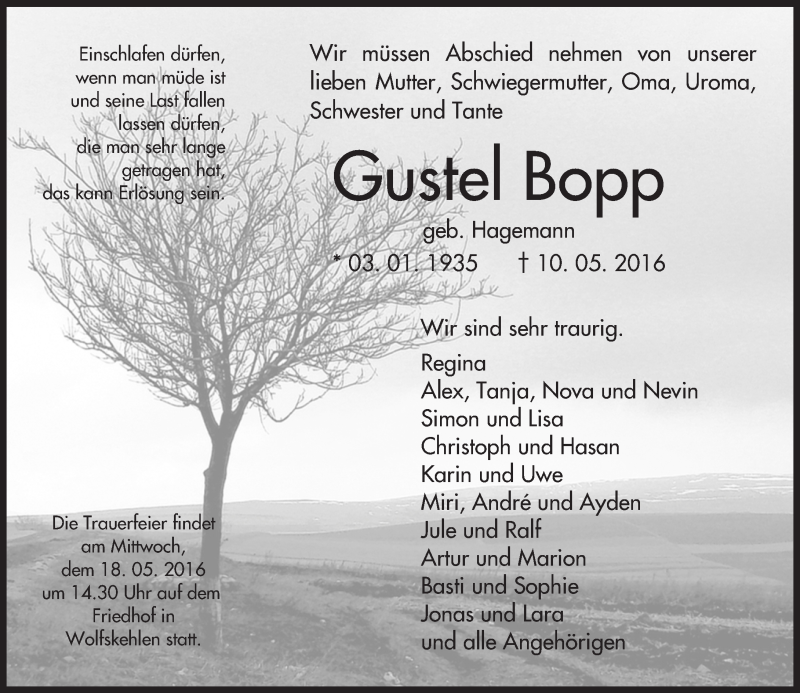  Traueranzeige für Gustel Bopp vom 14.05.2016 aus Trauerportal Echo Online