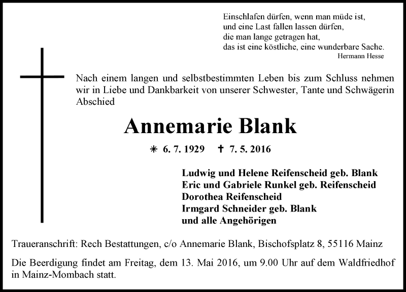  Traueranzeige für Annemarie Blank vom 11.05.2016 aus  Allgemeine Zeitung Mainz