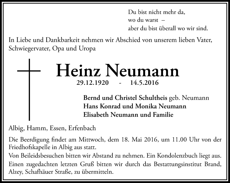  Traueranzeige für Heinz Neumann vom 17.05.2016 aus  Allgemeine Zeitung Alzey