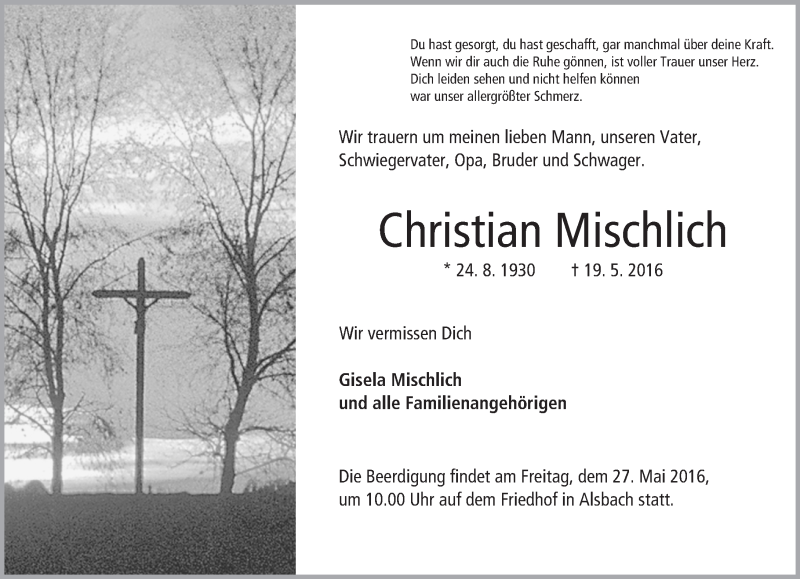  Traueranzeige für Christian Mischlich vom 24.05.2016 aus Trauerportal Echo Online