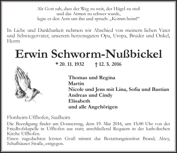 Traueranzeige von Erwin Schworm-Nußbickel von  Allgemeine Zeitung Alzey