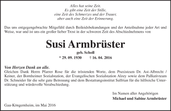 Traueranzeige von Susi Armbrüster von  Allgemeine Zeitung Alzey