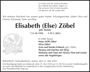 Traueranzeige von Elisabeth Zöbel von  Allgemeine  Zeitung Ingelheim-Bingen