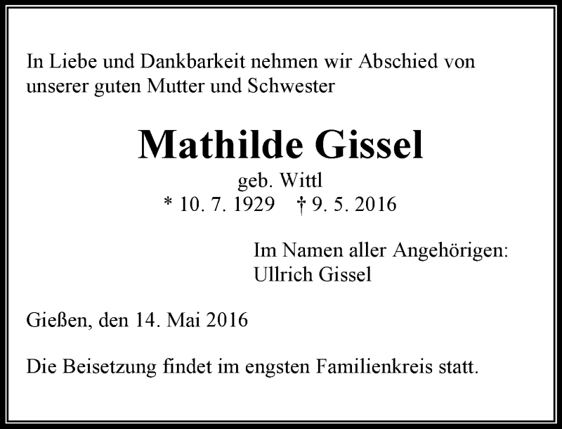  Traueranzeige für Mathilde Gissel vom 14.05.2016 aus  Gießener Anzeiger