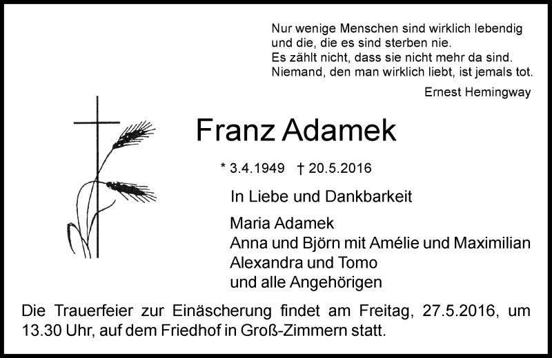  Traueranzeige für Franz Adamek vom 25.05.2016 aus Trauerportal Echo Online