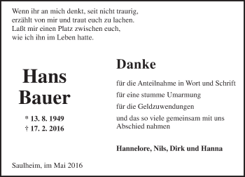 Traueranzeige von Hans Bauer von  Allgemeine Zeitung Alzey