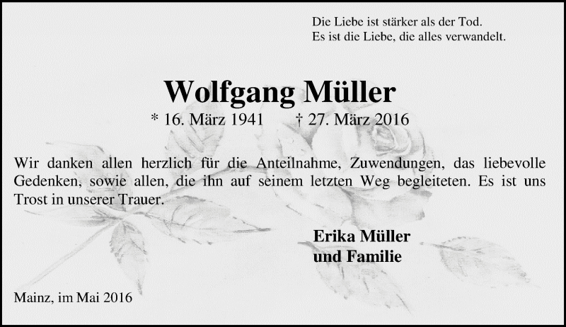  Traueranzeige für Wolfgang Müller vom 07.05.2016 aus  Allgemeine Zeitung Mainz