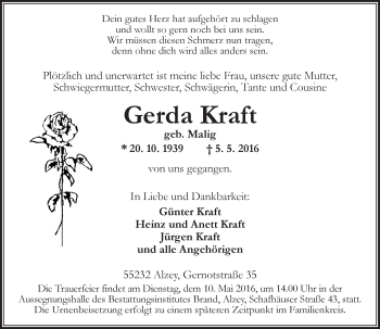 Traueranzeige von Gerda Kraft von  Allgemeine Zeitung Alzey