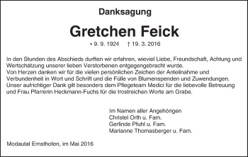 Traueranzeige von Gretchen Feick von Trauerportal Echo Online