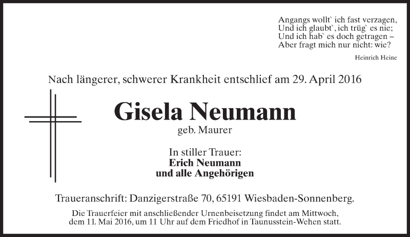  Traueranzeige für Gisela Neumann vom 07.05.2016 aus  Wiesbaden komplett