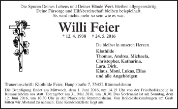 Traueranzeige von Willi Feier von  Allgemeine  Zeitung Ingelheim-Bingen