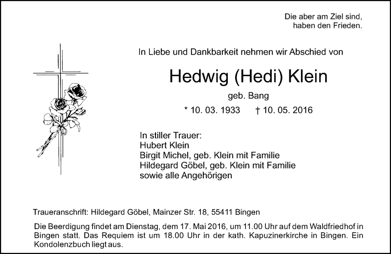  Traueranzeige für Hedwig Klein vom 14.05.2016 aus  Allgemeine  Zeitung Ingelheim-Bingen