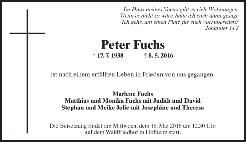  Traueranzeige für Peter Fuchs vom 13.05.2016 aus  Hofheimer Zeitung