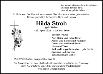 Traueranzeige von Hilda Stroh von  Wiesbaden komplett