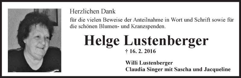  Traueranzeige für Helge Lustenberger vom 07.05.2016 aus  Allgemeine Zeitung Mainz