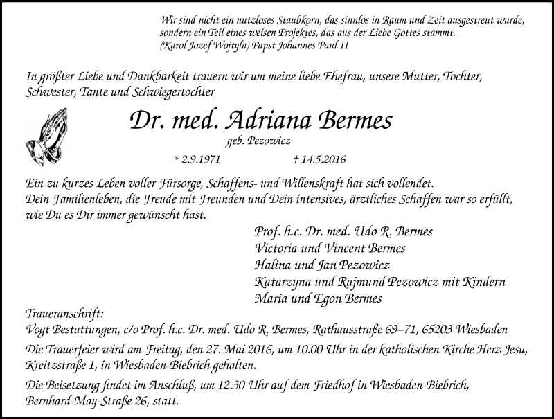  Traueranzeige für Adriana Bermes vom 21.05.2016 aus  Wiesbaden komplett