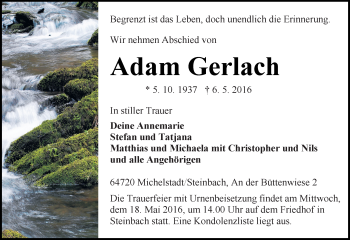 Traueranzeige von Adam Gerlach von Trauerportal Echo Online