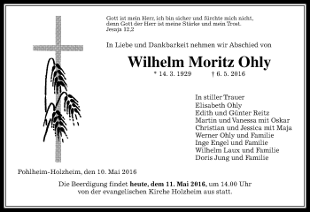 Traueranzeige von Wilhelm Moritz Ohly von  Gießener Anzeiger