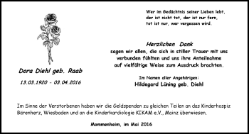 Traueranzeige von Dora Diehl von  Allgemeine Zeitung Mainz