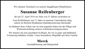 Traueranzeige von Susanne Reifenberger von Trauerportal Echo Online