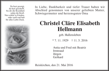 Traueranzeige von Christel Cläre Elisabeth Hellmann von  Gießener Anzeiger