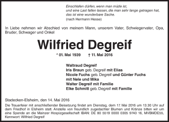 Traueranzeige von Wilfried Degreif von  Allgemeine  Zeitung Ingelheim-Bingen