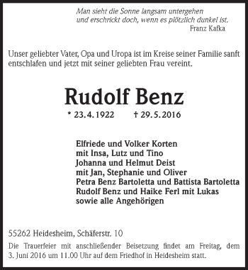 Traueranzeige von Rudolf Benz von  Allgemeine Zeitung Mainz