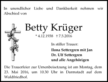 Traueranzeige von Betty Krüger von Trauerportal Echo Online