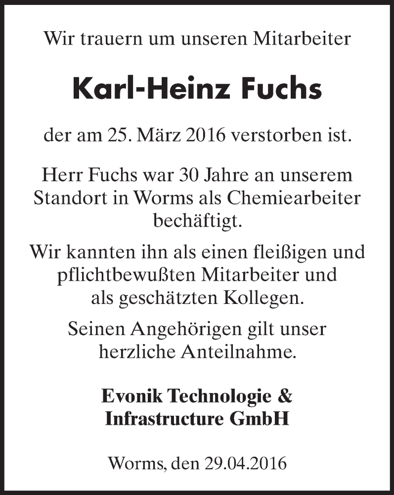  Traueranzeige für Karl-Heinz Fuchs vom 04.05.2016 aus  Wormser Zeitung