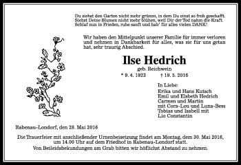 Traueranzeige von Ilse Hedrich von  Gießener Anzeiger