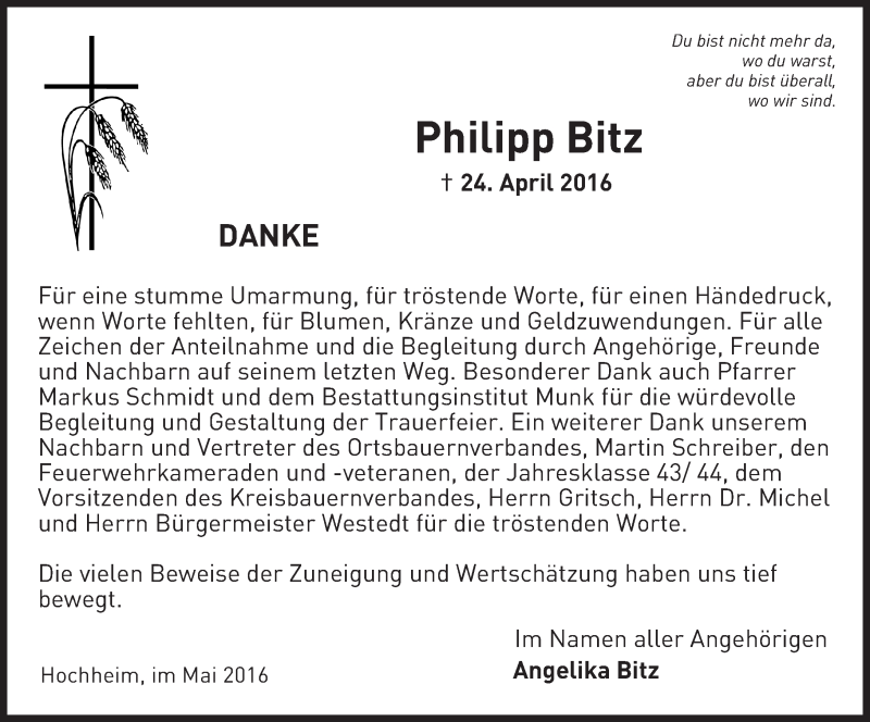  Traueranzeige für Philipp Bitz vom 13.05.2016 aus  Hochheimer Zeitung