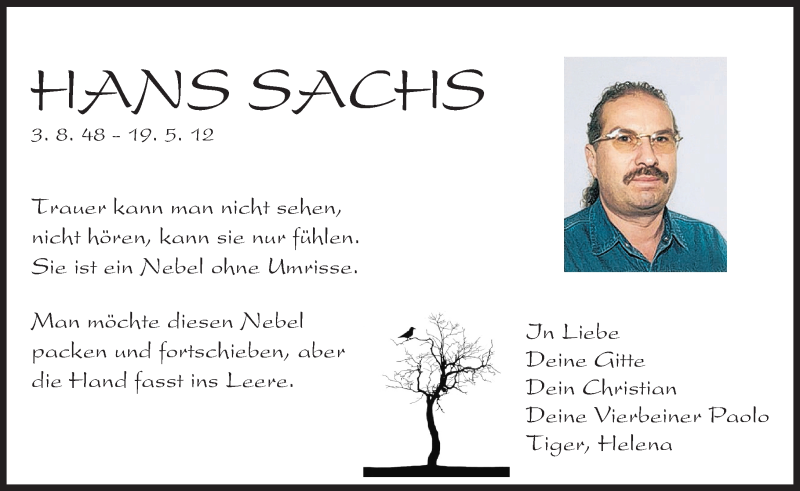  Traueranzeige für Hans Sachs vom 19.05.2016 aus Trauerportal Echo Online