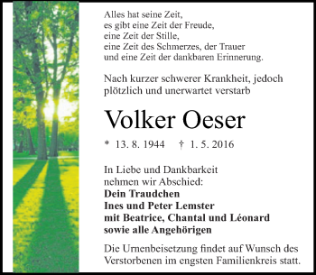 Traueranzeige von Volker Oeser von Trauerportal Echo Online