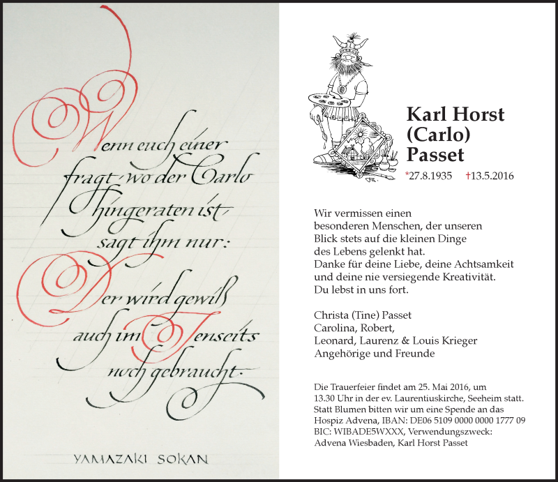  Traueranzeige für Karl Horst Passet vom 21.05.2016 aus Trauerportal Echo Online