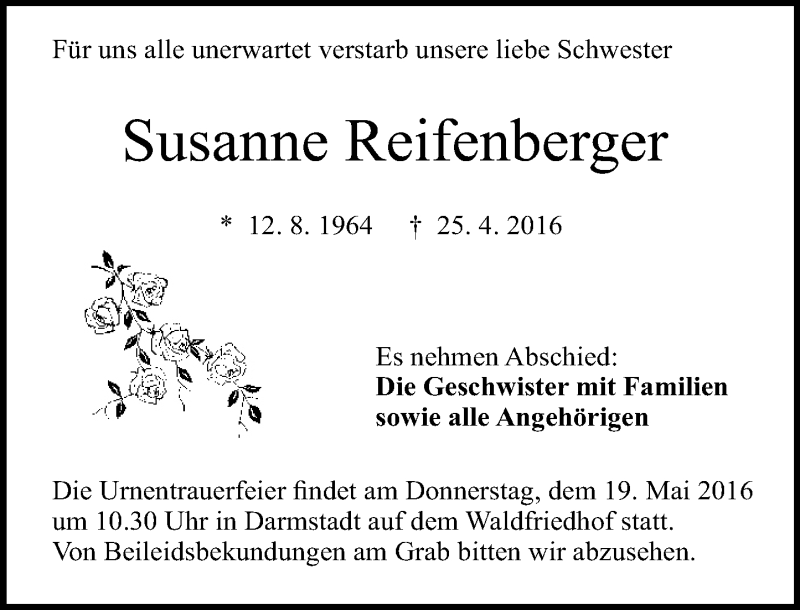  Traueranzeige für Susanne Reifenberger vom 14.05.2016 aus Trauerportal Echo Online