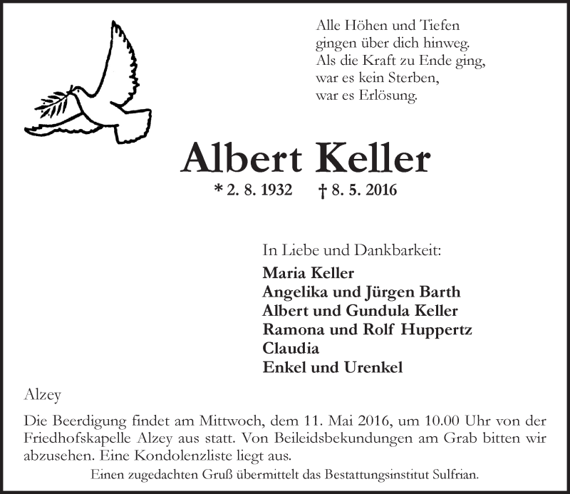  Traueranzeige für Albert Keller vom 10.05.2016 aus  Allgemeine Zeitung Alzey