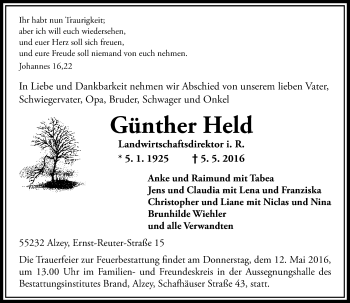 Traueranzeige von Günther Held von  Allgemeine Zeitung Alzey
