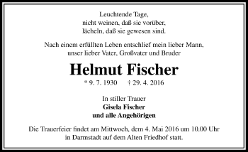Traueranzeige von Helmut Fischer von Trauerportal Echo Online