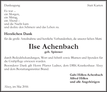 Traueranzeige von Ilse Achenbach von  Allgemeine Zeitung Alzey