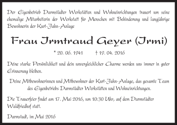 Traueranzeige von Irmtraud Geyer von Trauerportal Echo Online