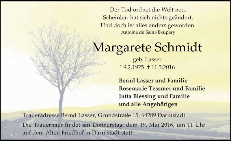  Traueranzeige für Margarete Schmidt vom 14.05.2016 aus Trauerportal Echo Online