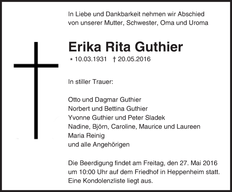  Traueranzeige für Erika Rita Guthier vom 24.05.2016 aus Trauerportal Echo Online