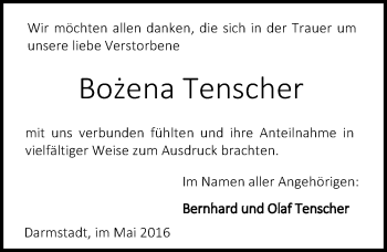 Traueranzeige von Bozena Tenscher von Trauerportal Echo Online