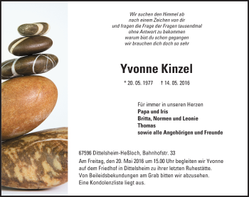 Traueranzeige von Yvonne Kinzel von  Wormser Zeitung